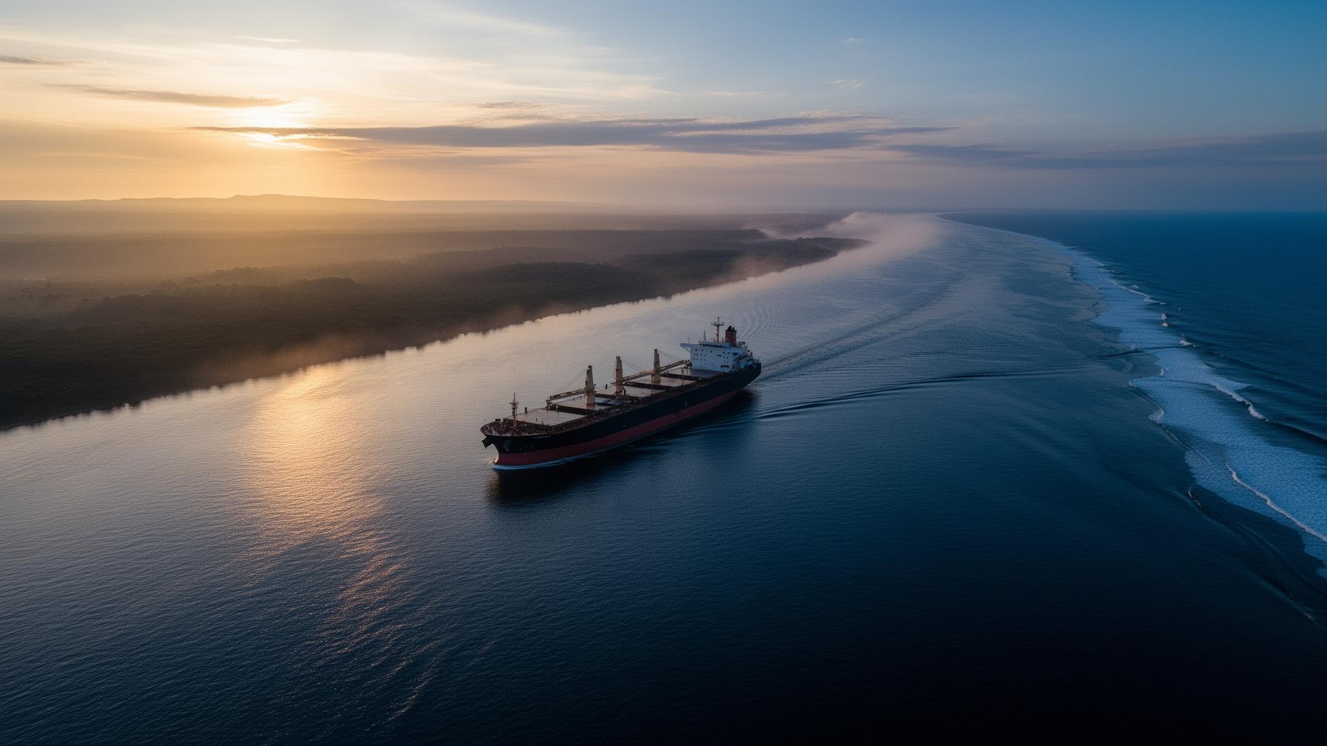 Navio cargueiro navegando ao amanhecer em rota estratégica brasileira
